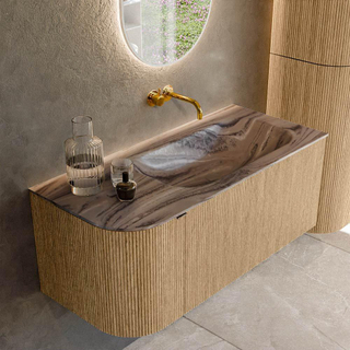 MONDIAZ KURVE-DLUX 105cm badmeubel ronding Links kleur Oak met 1 lade en 1 deur. Wastafel BIG SMALL Rechts zonder kraangat Sombra.