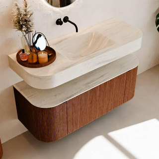 MONDIAZ THOR-DLUX Meuble de salle de bains 120cm arrondi gauche + droite couleur Ruby avec 1 tiroir et 2 portes. Vasque suspendue CLOUD Centre sans trou de robinet couleur Meli.