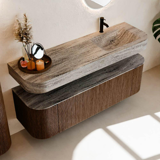 MONDIAZ THOR-DLUX 150cm meuble de salle de bains arrondi gauche + droite couleur Walnut avec 1 tiroir et 2 portes. Vasque suspendue CLOUD Droite 1 trou de robinet couleur Oza.