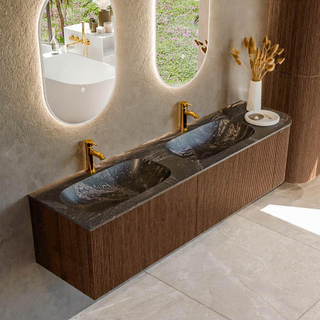 MONDIAZ KURVE-DLUX 175cm Meuble salle de bain avec module 25 D - couleur Walnut - 2 tiroirs - 1 porte - vasque STOR SMALL double / gauche - 2 trous de robinet - couleur Lava