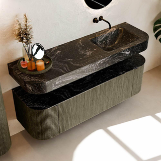 MONDIAZ THOR-DLUX 150cm meuble de salle de bains arrondi gauche + droite couleur Shadow avec 1 tiroir et 2 portes. Vasque suspendue CLOUD droite sans trou de robinet couleur Lava.