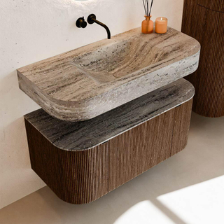 MONDIAZ THOR-DLUX 100cm badmeubel ronding links + rechts kleur Walnut met 1 lade en 2 deuren. Vrijhangende wastafel CLOUD Midden zonder kraangat kleur Oza.