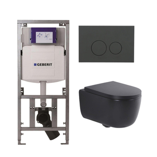 QeramiQ Dely Swirl Toiletset - 36.3x51.7cm - Geberit UP320 inbouwreservoir - met Burda frame - slim zitting - bedieningsplaat mat antraciet - ronde knoppen - mat zwart