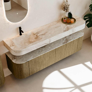 MONDIAZ THOR-DLUX 180cm meuble de salle de bains arrondi gauche + droite couleur Dusk avec 2 tiroirs et 2 portes. Vasque suspendue CLOUD Gauche 1 trou de robinet couleur Frappe.