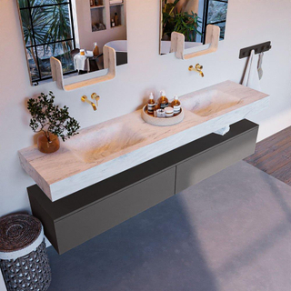 Mondiaz ALAN-DLUX Ensemble de meuble - 200cm - meuble Dark grey mat - 2 tiroirs - Lavabo Cloud Opalo suspendu - vasque Gauche et droite - 0 trous de robinet