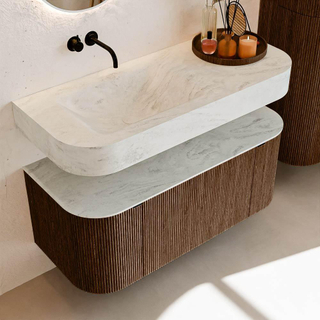 MONDIAZ THOR-DLUX 110cm badmeubel ronding links + rechts kleur Walnut met 1 lade en 2 deuren. Vrijhangende wastafel CLOUD Links zonder kraangat kleur Opalo.