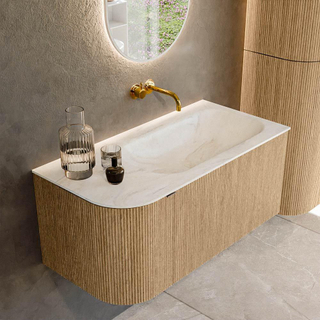 MONDIAZ KURVE-DLUX 95cm Meuble salle de bain avec module 25 G - couleur Oak - 1 tiroir - 1 porte - vasque BIG SMALL droite - sans trou de robinet - couleur Ostra