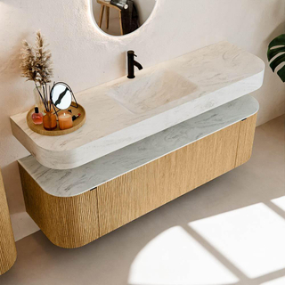 MONDIAZ THOR-DLUX 160cm meuble de salle de bains arrondi gauche + droite couleur Oak avec 1 tiroir et 2 portes. Vasque suspendue CLOUD Milieu 1 trou de robinet couleur Opalo.