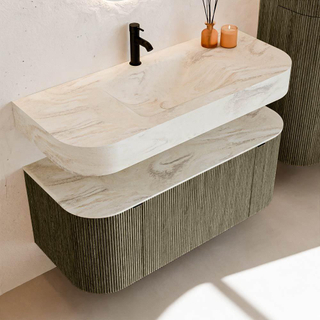 MONDIAZ THOR-DLUX Meuble de salle de bains 110cm arrondi gauche + droite couleur Shadow avec 1 tiroir et 2 portes. Vasque suspendue CLOUD Milieu 1 trou de robinet couleur Ostra.