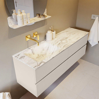 Mondiaz VICA-DLUX ensemble de meuble de salle de bain - 150cm - meuble sous-vasque lin - 4 tiroirs - lavabo encastré cloud gauche - sans trous de robinet - version haute de 60cm - glace