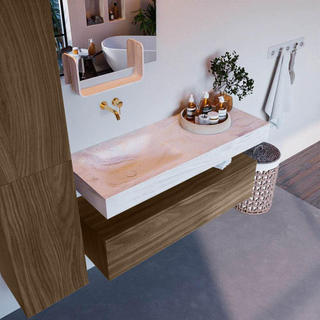 Mondiaz ALAN-DLUX 120cm badmeubel onderkast Mocha 1 lade. Vrijhangende wastafel CLOUD links zonder kraangat. kleur Ostra.
