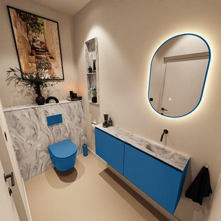 MONDIAZ TURE-DLUX Meuble toilette - 120cm - Jeans - EDEN - vasque Glace - position droite - sans trou de robinet