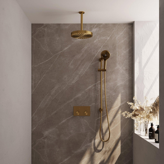 BRAUER Stripe Douche de pluie thermostatique encastrée - boutons-poussoirs - pomme de douche 25cm - bras de plafond - douchette 3 positions - flexible de douche - barre coulissante intégrée - PVD brossé or