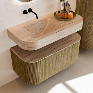 MONDIAZ THOR-DLUX Meuble de salle de bains 100cm arrondi gauche + droite couleur Dusk avec 1 tiroir et 2 portes. Vasque suspendue CLOUD Gauche sans trou de robinet couleur Saba.