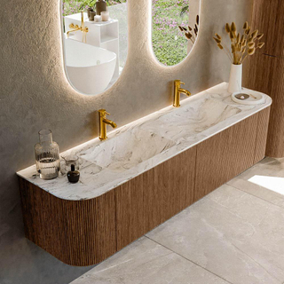 MONDIAZ KURVE-DLUX 180cm Meuble salle de bain avec module 25 G et D - couleur Walnut - 2 tiroirs - 2 portes - vasque LEAF double - 2 trous de robinet - couleur Glace