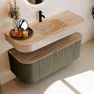 MONDIAZ THOR-DLUX 120cm meuble de salle de bains arrondi gauche + droite couleur Shadow avec 1 tiroir et 2 portes. Vasque suspendue CLOUD Milieu 1 trou de robinet couleur Saba.