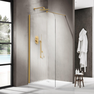 Fortifura Galeria Douche à l'italienne - 90x200cm - paroi en verre arrondie - gauche - verre nervuré - bras mural - laiton brossé PVD (Or)