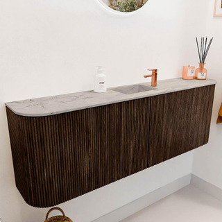 Mondiaz JOYA-DLUX 123.2cm toiletmeubel - ronding links en rechts kleur Walnut - Wastafel FAYE positie Midden 1 kraangat kleur Glace.