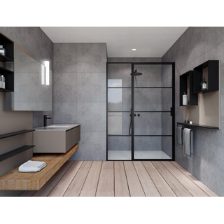 Saniclass Bellini douchedeur 100x200cm met vast paneel veiligheidsglas mat zwart frame lines buitenzijde met anti kalk TWEEDEKANS