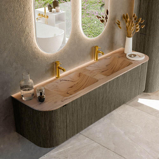 MONDIAZ KURVE-DLUX 170cm badmeubel ronding Links + Rechts kleur Shadow met 1 lade en 2 deuren. Wastafel LEAF Dubbel 2 kraangaten Arena.