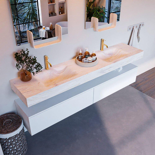 Mondiaz ALAN-DLUX Ensemble de meuble - 200cm - meuble Talc mat - 2 tiroirs - Lavabo Cloud Ostra suspendu - vasque Gauche et droite - 2 trous de robinet