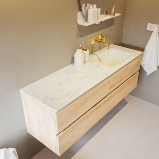 Mondiaz VICA-DLUX ensemble de meuble de salle de bain - 150cm - meuble sous-vasque chêne blanchi - 4 tiroirs - lavabo encastré cloud droite - sans trous de robinet - version haute de 60cm - opalo