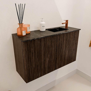 Mondiaz JOYA-DLUX 70cm toiletmeubel - kleur Walnut - Wastafel FAYE positie Rechts 1 kraangat kleur Lava.