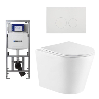 QeramiQ Dely Toiletset - 36.3x51.7cm - diepspoel - rimless - Geberit UP320 inbouwreservoir - softclose toiletzitting - mat witte bedieningsplaat - ronde knoppen - mat wit