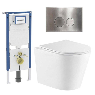 QeramiQ Dely Toiletset - 36.3x51.7cm - diepspoel - rimless - Geberit UP720 inbouwreservoir - softclose toiletzitting - steel bedieningsplaat - ronde knoppen - wit glans