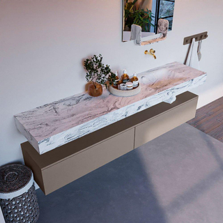 Mondiaz ALAN-DLUX Ensemble de meuble - 200cm - meuble Smoke mat - 2 tiroirs - Lavabo Cloud Glace suspendu - vasque Droite - 0 trous de robinet