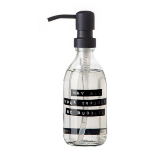 Wellmark Handzeep helder glas zwarte pomp 250ml tekst MAY ALL YOUR TROUBLES BE BUBBLES Zwart label