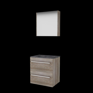 Basic-Line Comfort 46 ensemble de meubles de salle de bain 60x46cm avec poignées 2 tiroirs lavabo en pierre dure 0 trous de robinetterie armoire de toilette mfc scotch oak