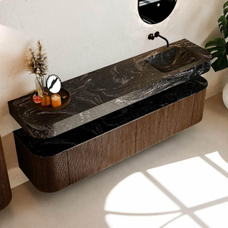 MONDIAZ THOR-DLUX Meuble de salle de bains 190cm arrondi gauche + droite couleur Walnut avec 2 tiroirs et 2 portes. Vasque suspendue CLOUD Droite sans trou de robinet couleur Lava.