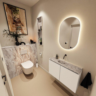 MONDIAZ TURE-DLUX Meuble toilette - 80cm - Talc - EDEN - vasque Glace - position centrale - sans trou de robinet