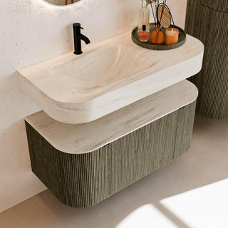 MONDIAZ THOR-DLUX 100cm meuble de salle de bains arrondi gauche + droite couleur Shadow avec 1 tiroir et 2 portes. Vasque suspendue CLOUD Gauche 1 trou de robinet couleur Meli.