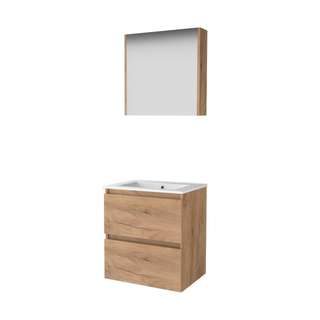 Basic-Line Comfort 46 ensemble de meubles de salle de bain 60x46cm sans poignée 2 tiroirs lavabo en porcelaine 1 trou de robinet armoire de toilette mfc whisky oak