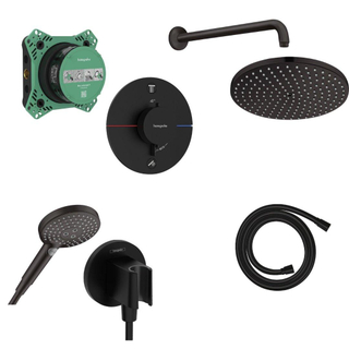 Hansgrohe Showerselect Ensemble de douche - élément encastré - thermostat - pomme de tête - bras de douche - rotule - support de douchette - flexible de douche - douchette - noir mat
