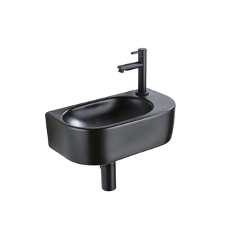 Fugaflow Efficiente Pietra Ensemble de fontaine - 40x21,5x12cm - droite - lisse - demi-rond - 1 trou de robinet - céramique - robinet de fontaine noir mat - bouchon de vidange - siphon abaissé - noir mat