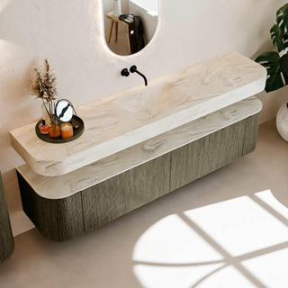 MONDIAZ THOR-DLUX 200cm meuble de salle de bains arrondi gauche + droite couleur Shadow avec 2 tiroirs et 2 portes. Vasque suspendue CLOUD Milieu sans trou de robinet couleur Ostra.