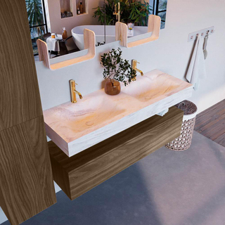 Mondiaz ALAN-DLUX 130cm meuble de salle de bain sous-vasque Mocha 1 tiroir. Lavabo suspendu CLOUD double 2 trous de robinet, couleur Ostra.