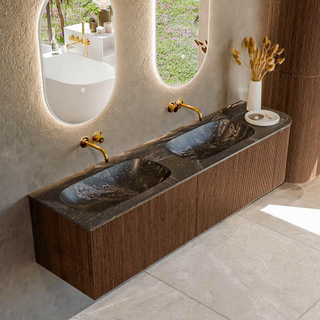 MONDIAZ KURVE-DLUX 175cm Meuble salle de bain avec module 25 D - couleur Walnut - 2 tiroirs - 1 porte - vasque STOR SMALL double / gauche - sans trou de robinet - couleur Lava
