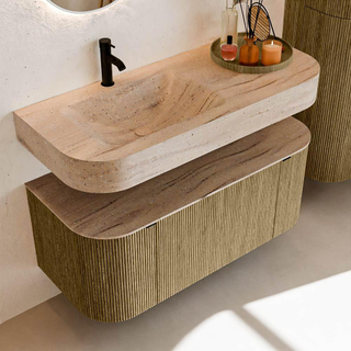 MONDIAZ THOR-DLUX Meuble de salle de bains 110cm arrondi gauche + droite couleur Dusk avec 1 tiroir et 2 portes. Vasque suspendue CLOUD Gauche 1 trou de robinet couleur Saba.