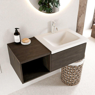 Mondiaz BUKLA 100cm ensemble de meuble avec module ouvert 40 couleur Marron Foncé avec 1 tiroir. Lavabo CLOUD à droite 1 trou de robinet couleur Talc.