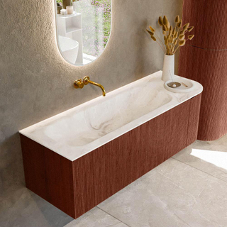 Ensemble de meuble de salle de bain Mondiaz KURVE-DLUX - 135x46x40cm - 1 tiroir - 1 porte - lavabo en solid surface - gauche - sans trou de robinet - Ruby