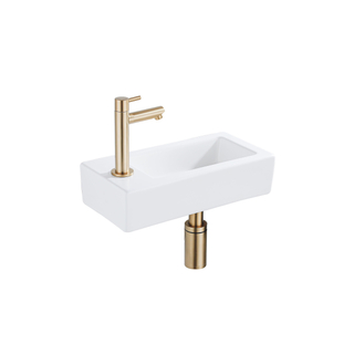 QeramiQ Fuente Fonteinset - 37.5x18.5x9cm - keramiek - kraangat links - fonteinkraan geborsteld messing - afvoerplug - verlaagd sifon - Mat wit