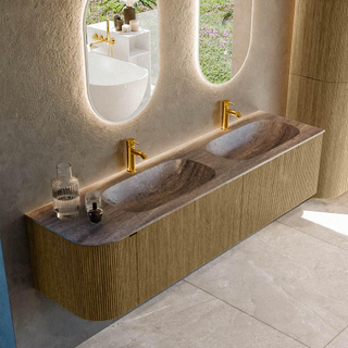 MONDIAZ KURVE-DLUX 175cm badmeubel ronding Links kleur Dusk met 2 lades en 1 deur. Wastafel STOR SMALL Dubbel / Rechts 2 kraangaten Oza.