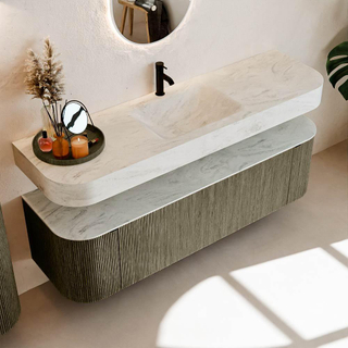 MONDIAZ THOR-DLUX 160cm meuble de salle de bains arrondi gauche + droite couleur Shadow avec 1 tiroir et 2 portes. Vasque suspendue CLOUD Milieu 1 trou de robinet couleur Opalo.