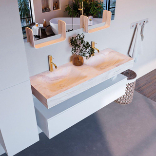 Mondiaz ALAN-DLUX Ensemble de meuble - 130cm - meuble Talc mat - 1 tiroir - Lavabo Cloud Ostra suspendu - vasque Gauche et droite - 2 trous de robinet