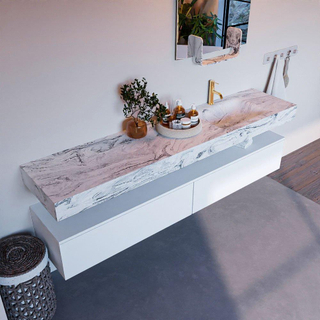 Mondiaz ALAN-DLUX Ensemble de meuble - 200cm - meuble Talc mat - 2 tiroirs - Lavabo Cloud Glace suspendu - vasque Droite - 1 trou de robinet