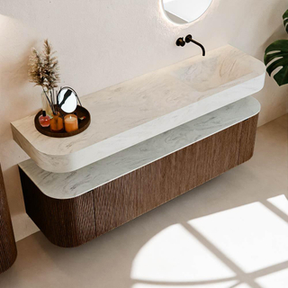 MONDIAZ THOR-DLUX Meuble de salle de bains - 170cm - arrondi gauche + droite - couleur Walnut - 1 tiroir et 2 portes - Vasque suspendue CLOUD Droite sans trou de robinet - couleur Opalo